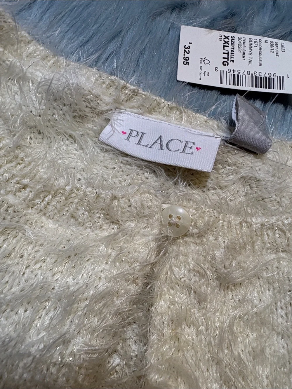 NWT The Children’s Place Ivory Fuzzy Bunny Tail Single Button Cardigan XXL